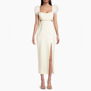 Likely Taliah Feather-Embellished Cut-Out Midi-Dress Formal Bridal White Ivory